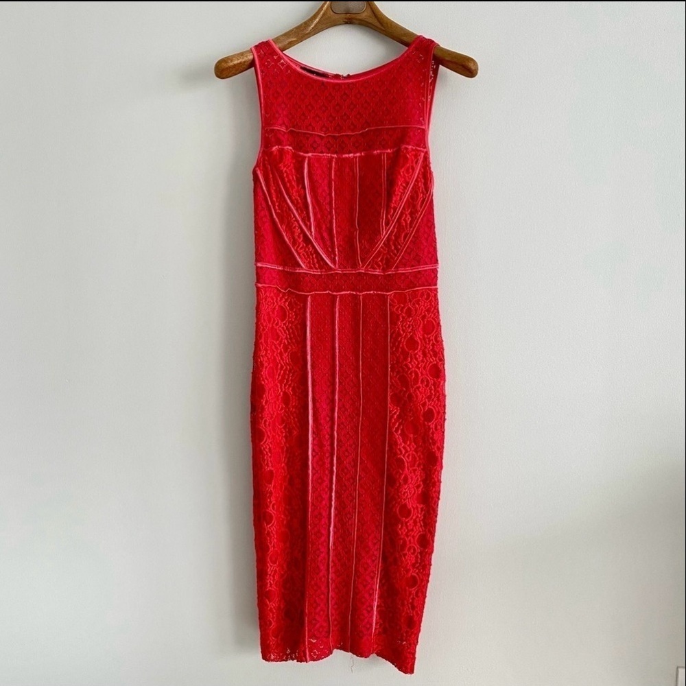 bebe Red Lace Sleeveless Midi Dress